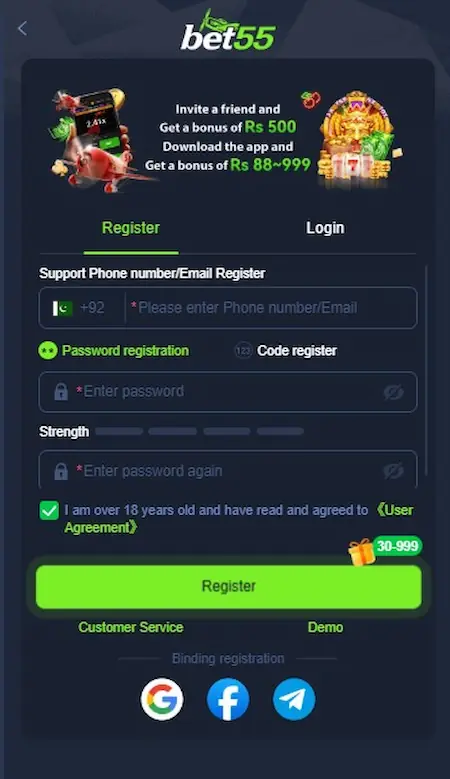 BET55 Game Register Page Image