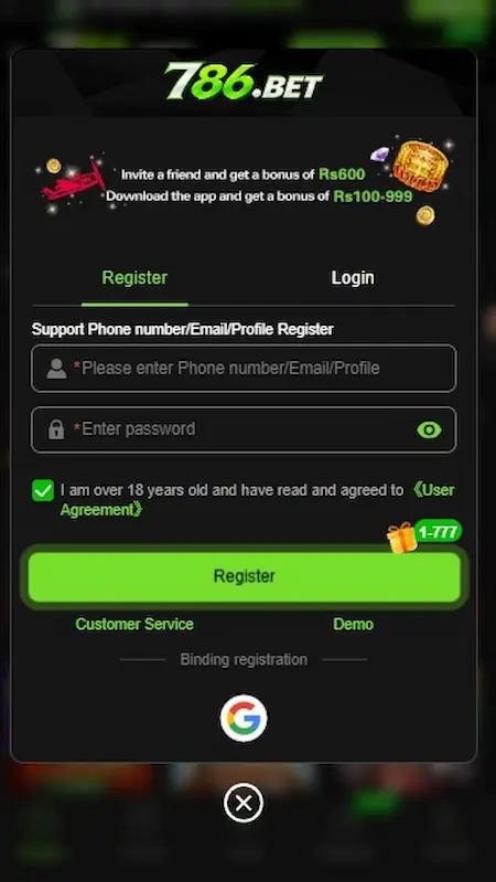 786BET Game Register Page Image