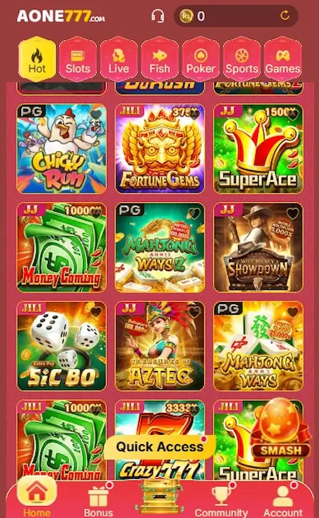 AONE777 Game. Games Categories Page Image