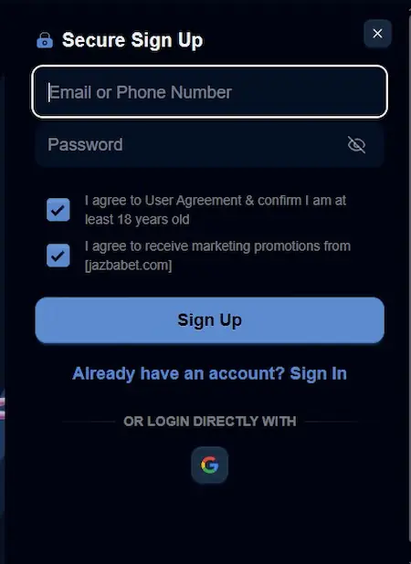 JAZBABET Game Register Page Image