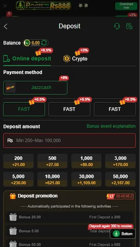 Player786 Game Deposit Page Image