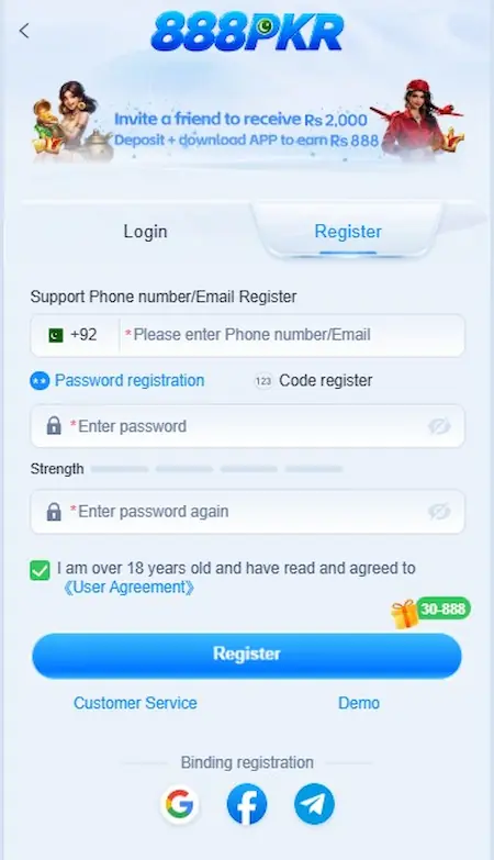888PKR Game Register Page Image